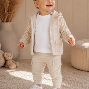 Luxe 3-Delige Peuter & Baby Set Zandbeige – Vest met Capuchon, T-shirt & Cargobroek