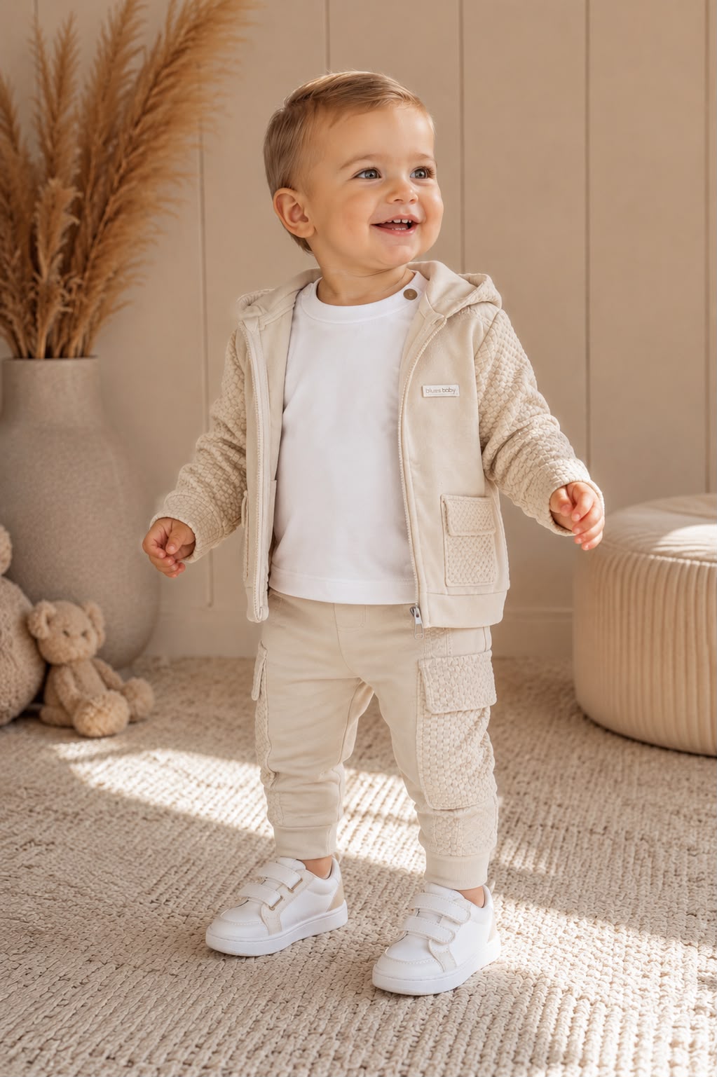 Luxe 3-Delige Peuter & Baby Set Zandbeige – Vest met Capuchon, T-shirt & Cargobroek