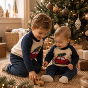 Dr. Kid Gebreide Trui met Kerstauto – Marineblauw / Ecru