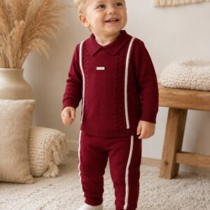 Bluesbaby 2-Delige Gebreide Baby & Dreumes Set (Bordeaux Rood)