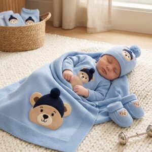 Dr kid 2-Delige Baby-Set – Blauw Kruippakje & Mutsje met Beer