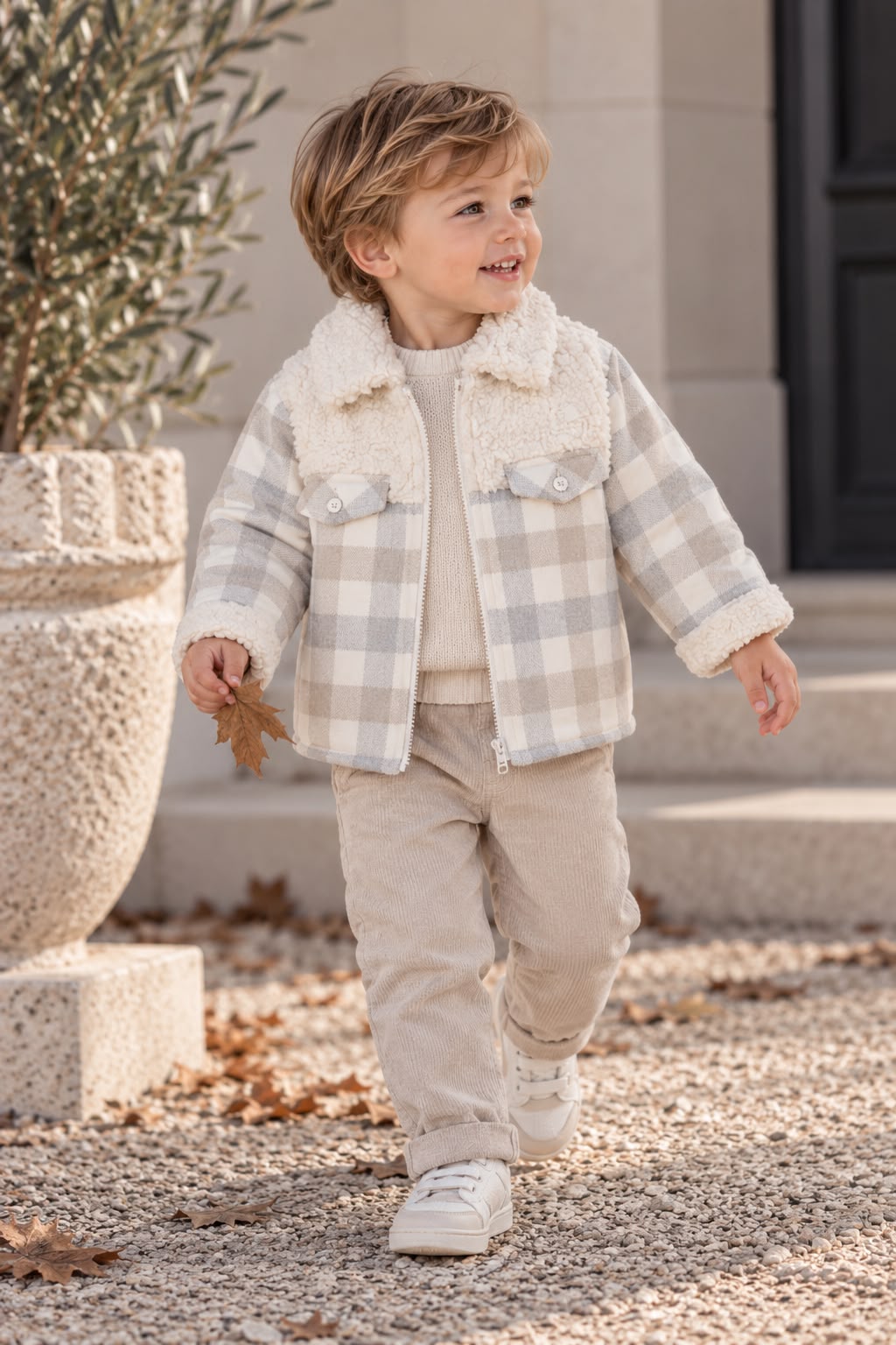 Deolinda Luxe Teddy-Gevoerd Geruit Ritsjasje – Beige & Off-White